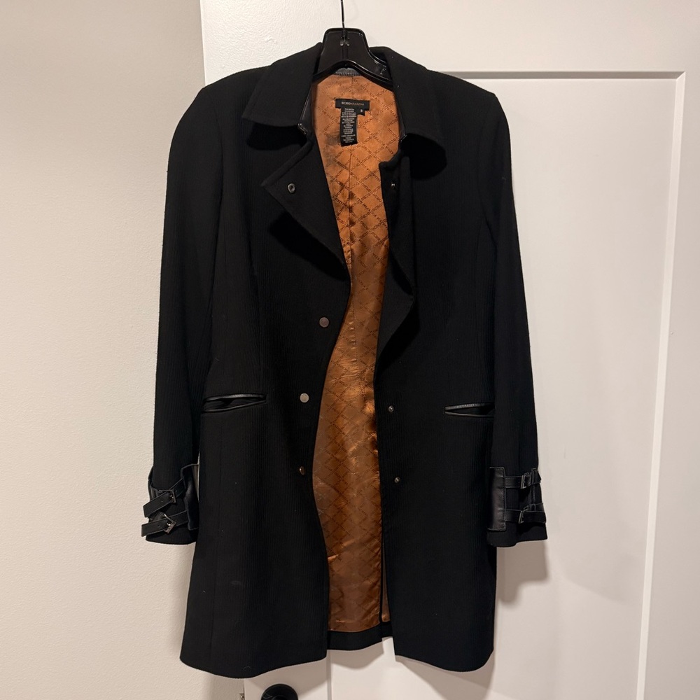 BCBGMaxAzria Black Trench Coat with Quilted Brown Lining